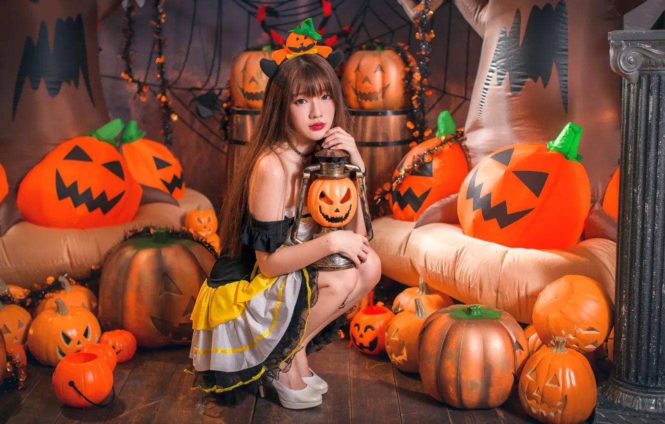 Photo wallpaper girl, pumpkin, Halloween, Asian, 31 Oct
