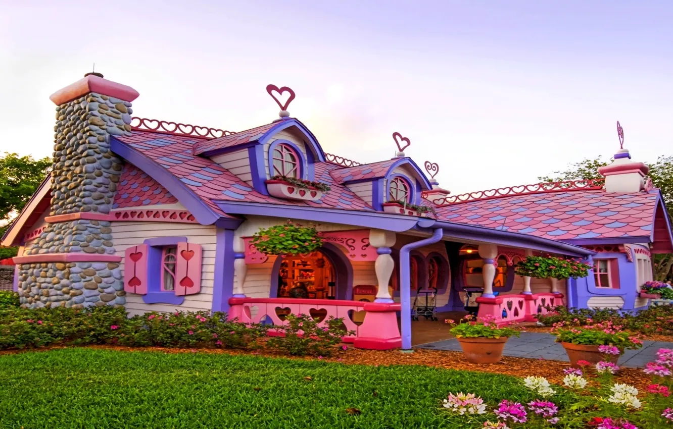 Photo wallpaper flowers, house, pink, hearts, house, fabulous