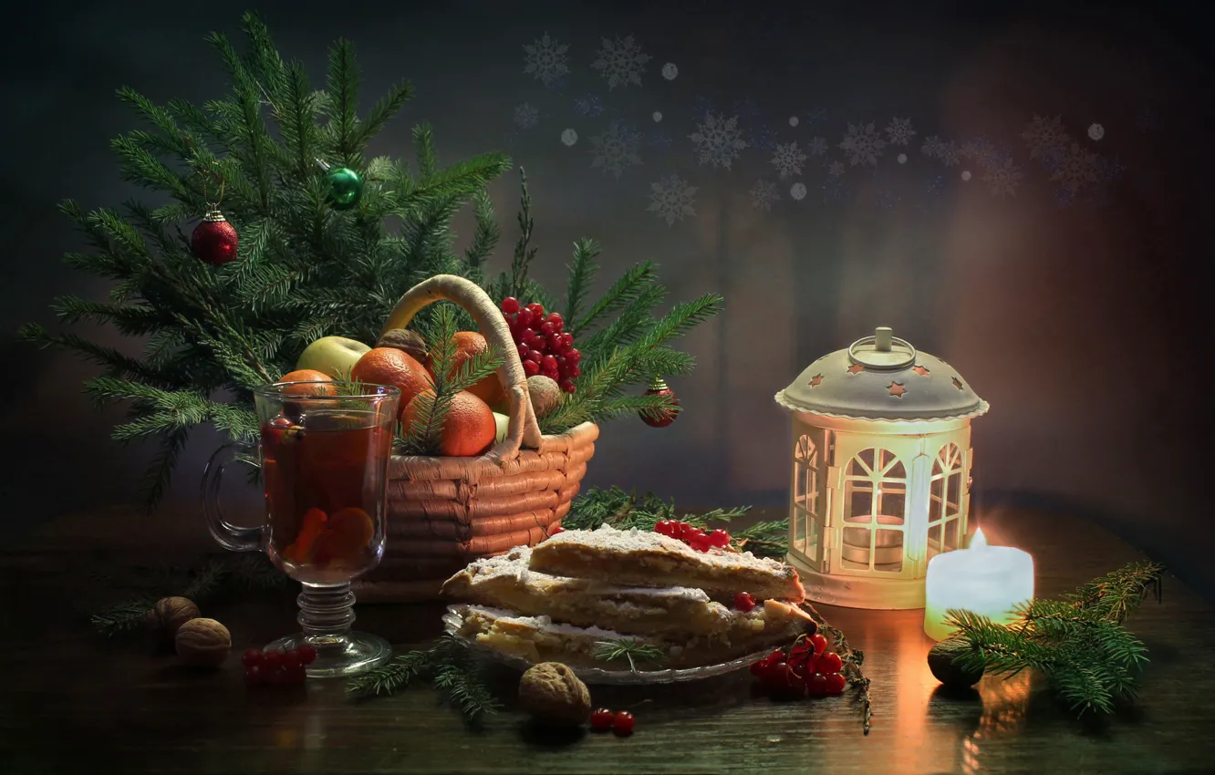 Photo wallpaper winter, happiness, tea, tree, new year, Christmas, candle, still life