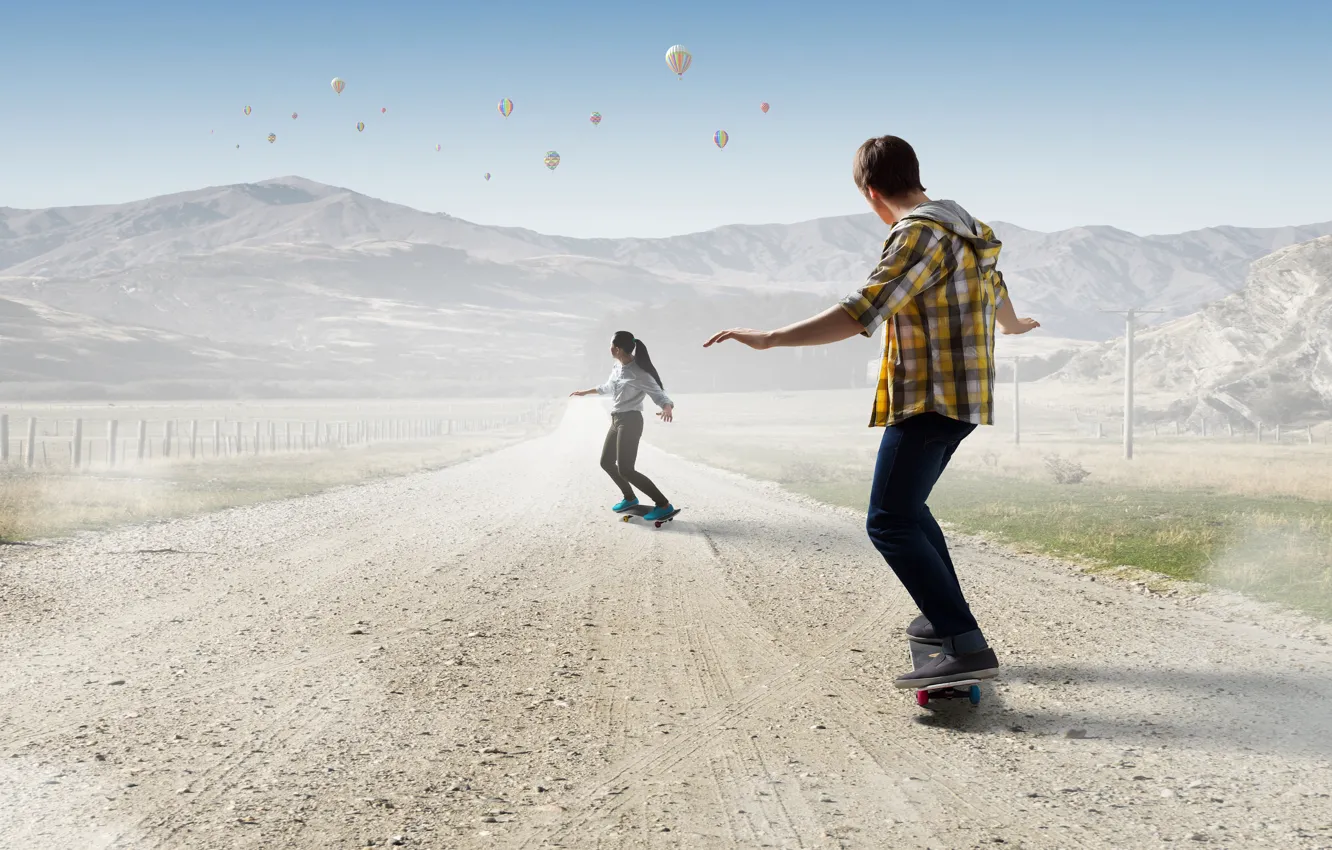 Photo wallpaper road, the sky, girl, the sun, landscape, mountains, balloons, field