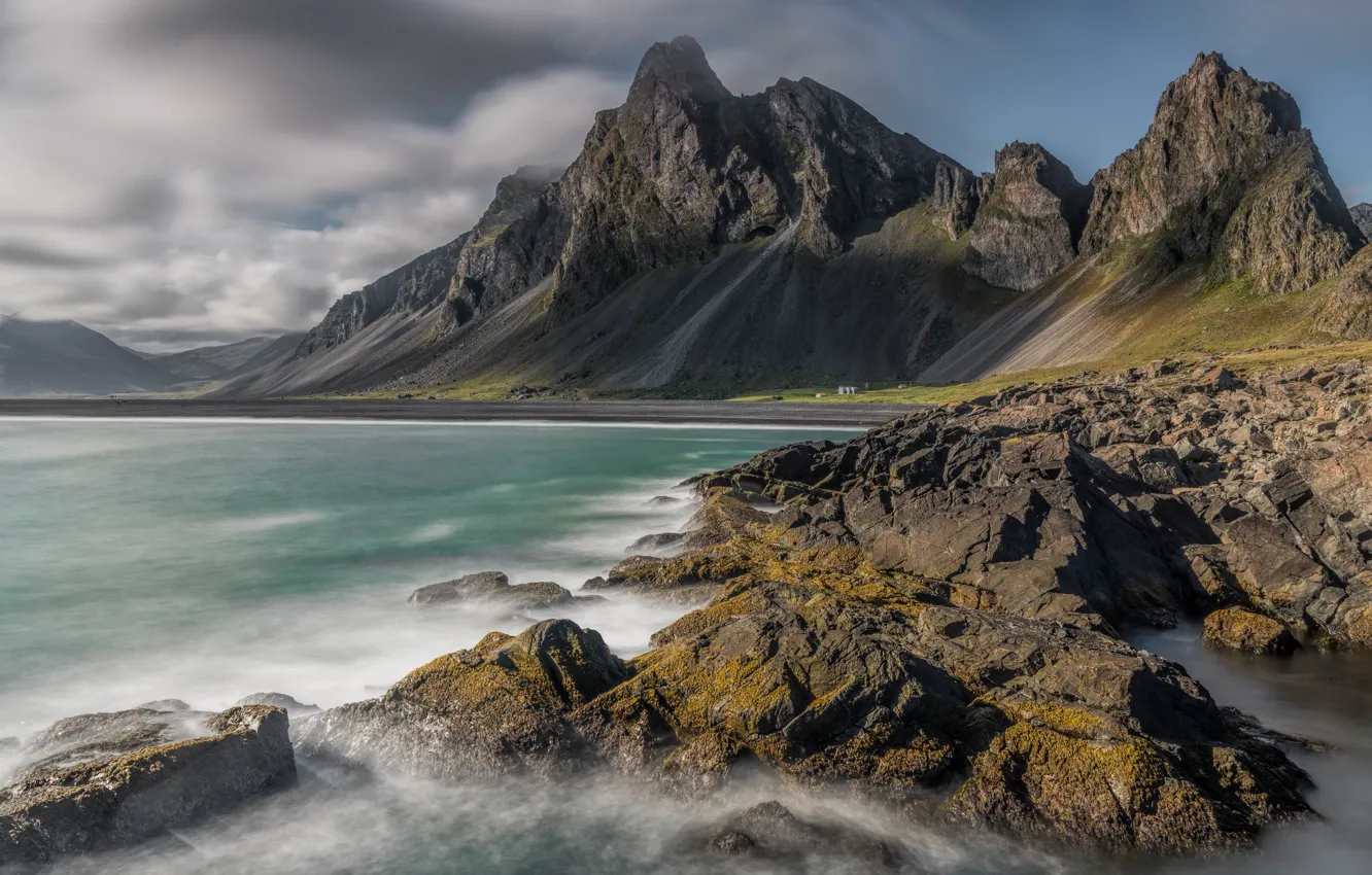 Photo wallpaper sea, mountains, rocks, shore, tops