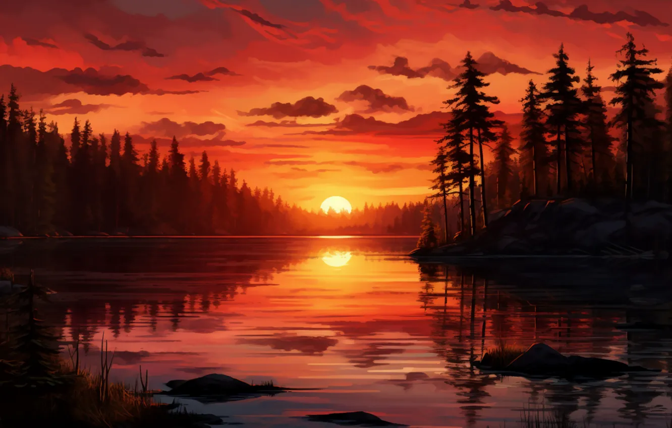 Photo wallpaper forest, the sun, sunset, reflection, pond, AI art, neural network