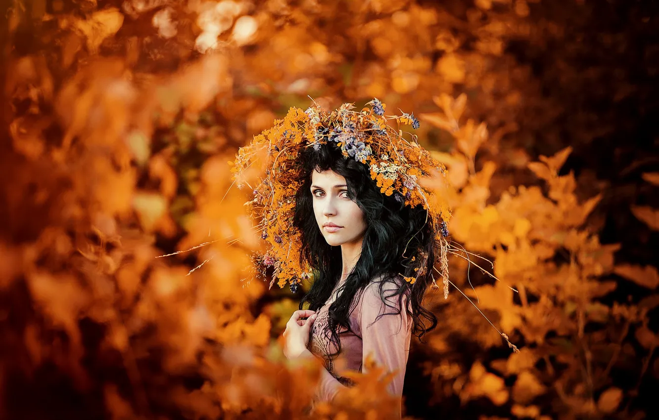 Photo wallpaper autumn, gold, wreath, brown eyed girl, autumn portrait
