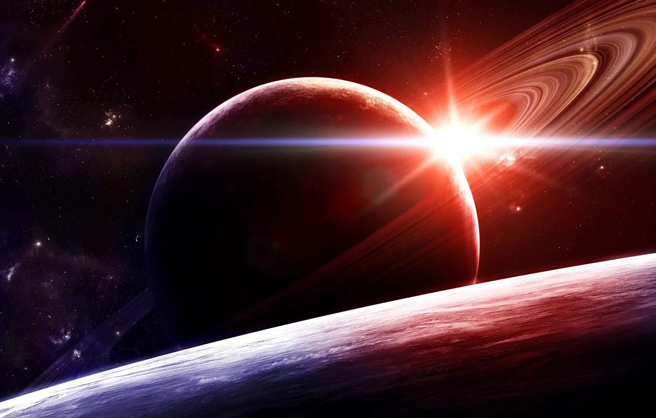 Photo wallpaper space, stars, nebula, glare, fiction, planet, satellite, art