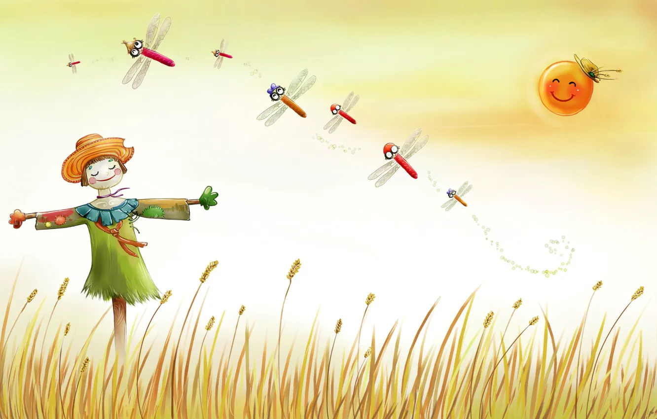 Photo wallpaper field, autumn, ears, the sun, Scarecrow, dragonfly
