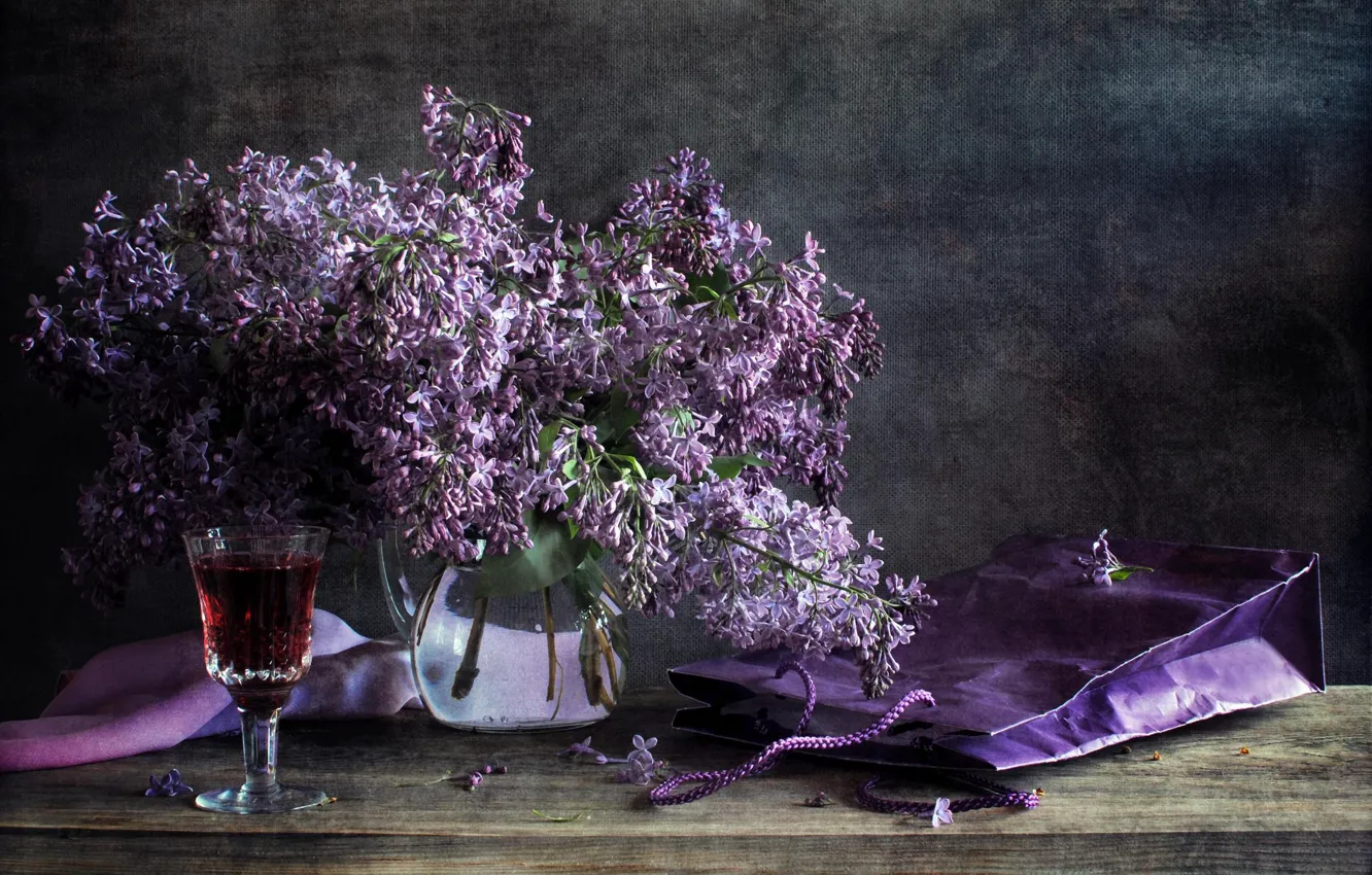 Photo wallpaper flowers, table, wine, glass, package, vase, still life, lilac