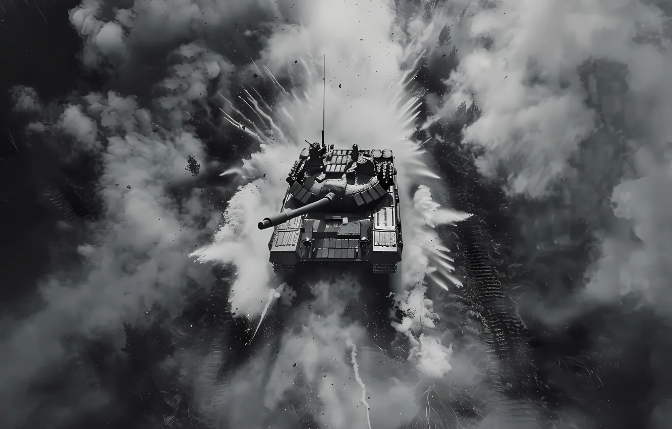 Photo wallpaper retro, smoke, dust, top, tank, black and white, digital art, AI art
