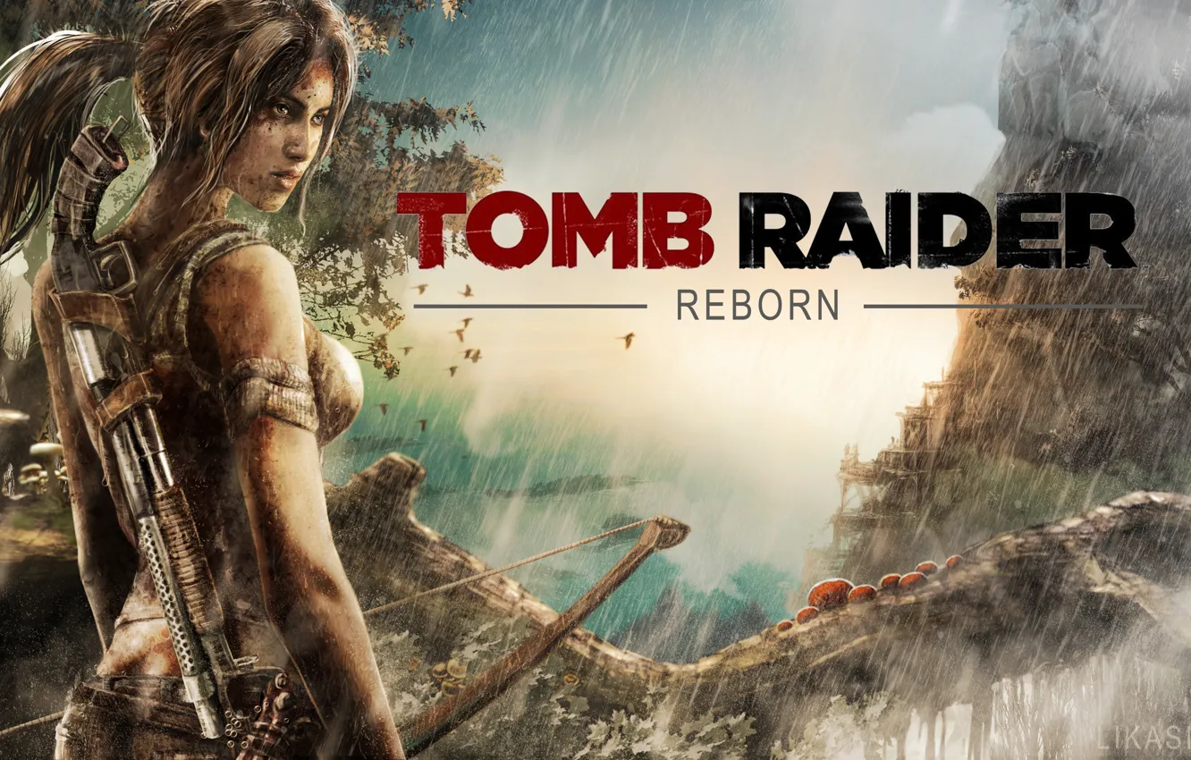 Photo wallpaper girl, weapons, rain, bow, Tomb Raider, shotgun