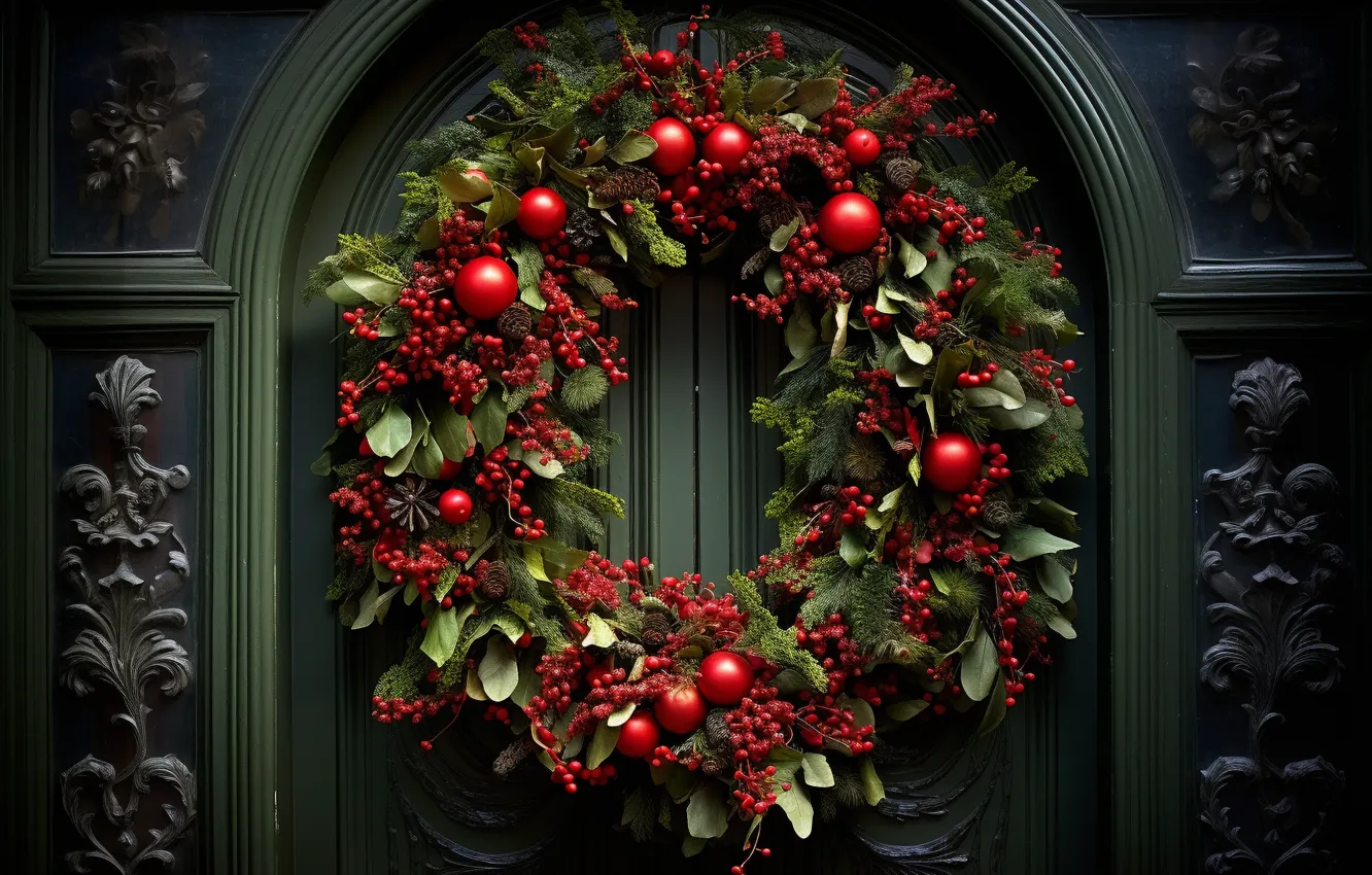 Photo wallpaper decoration, New Year, the door, Christmas, Christmas, wreath, wood, New Year