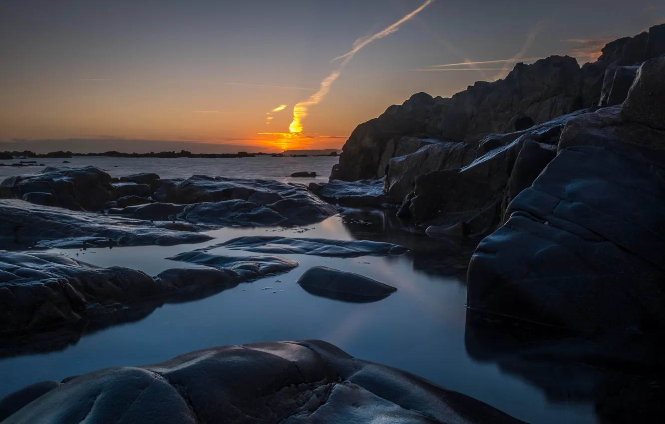 Photo wallpaper sea, the sky, the sun, landscape, sunset, nature, stones, rocks