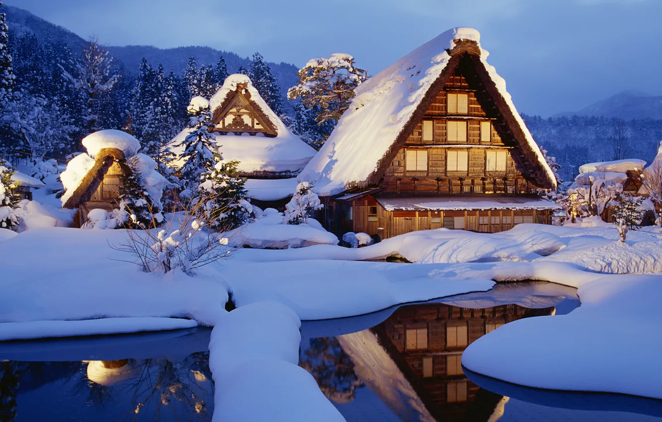 Photo wallpaper winter, snow, Japan, houses, japan