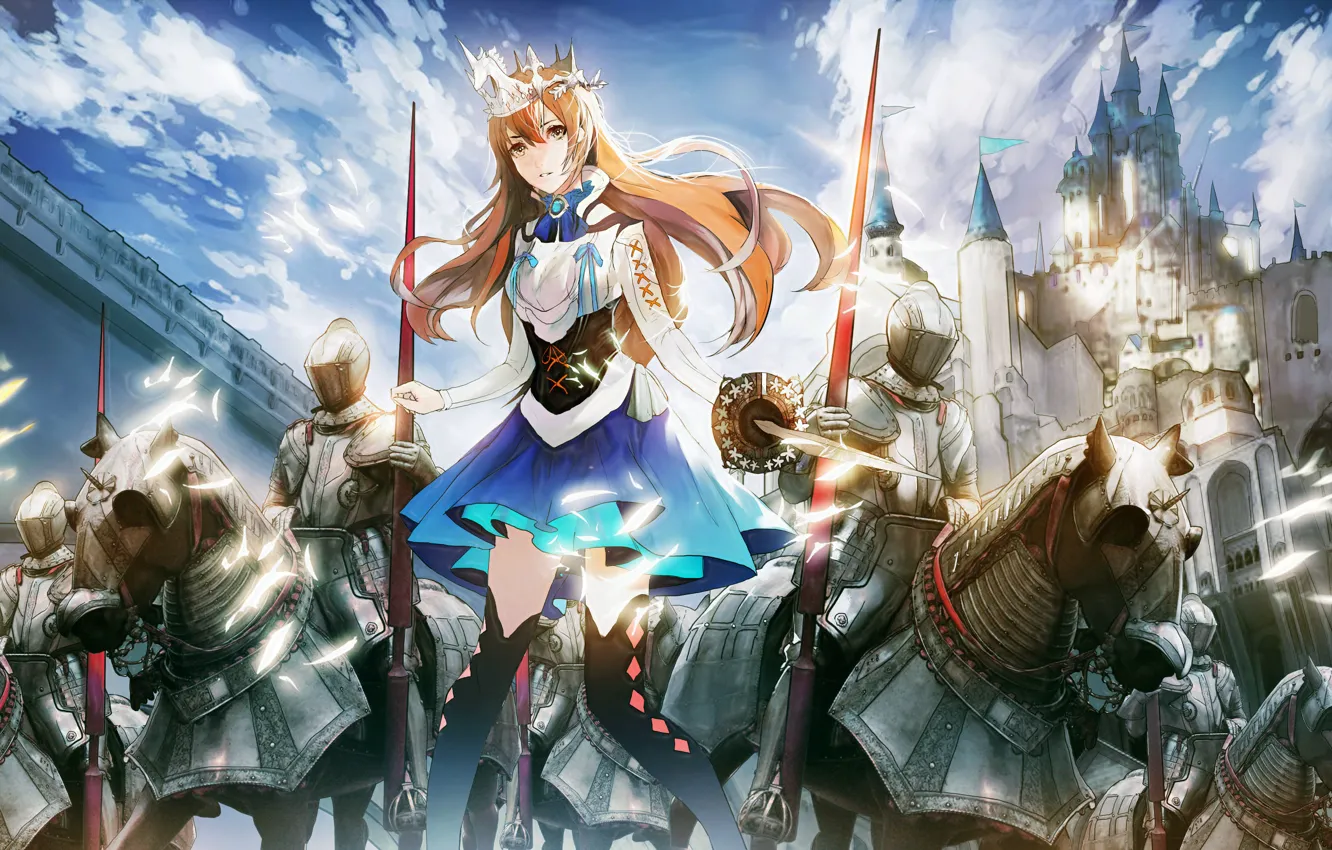 Photo wallpaper the sky, girl, clouds, weapons, castle, sword, armor, anime