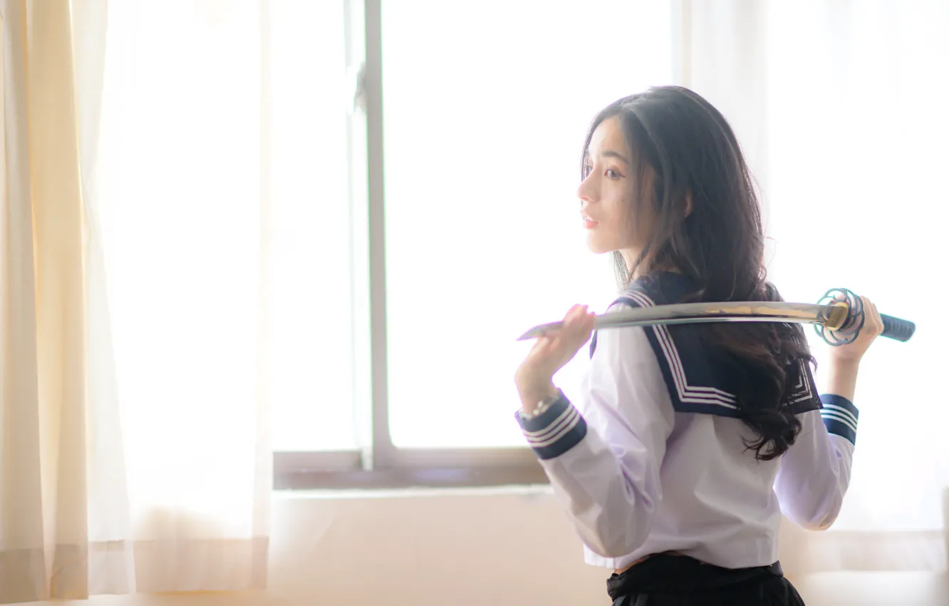 Photo wallpaper girl, face, sword, katana, form, East