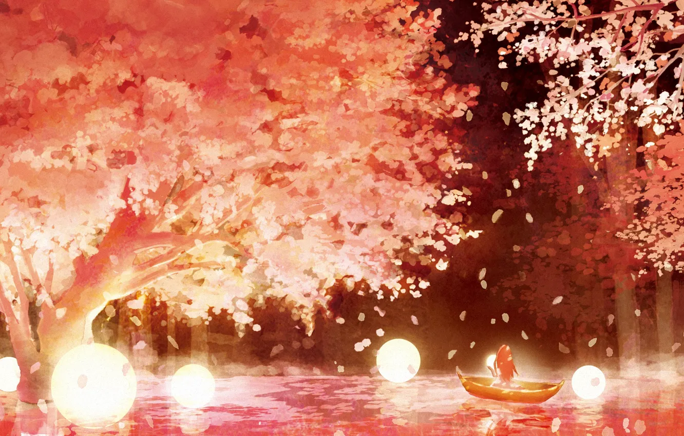 Photo wallpaper girl, night, nature, boat, spring, Sakura, glowing ball
