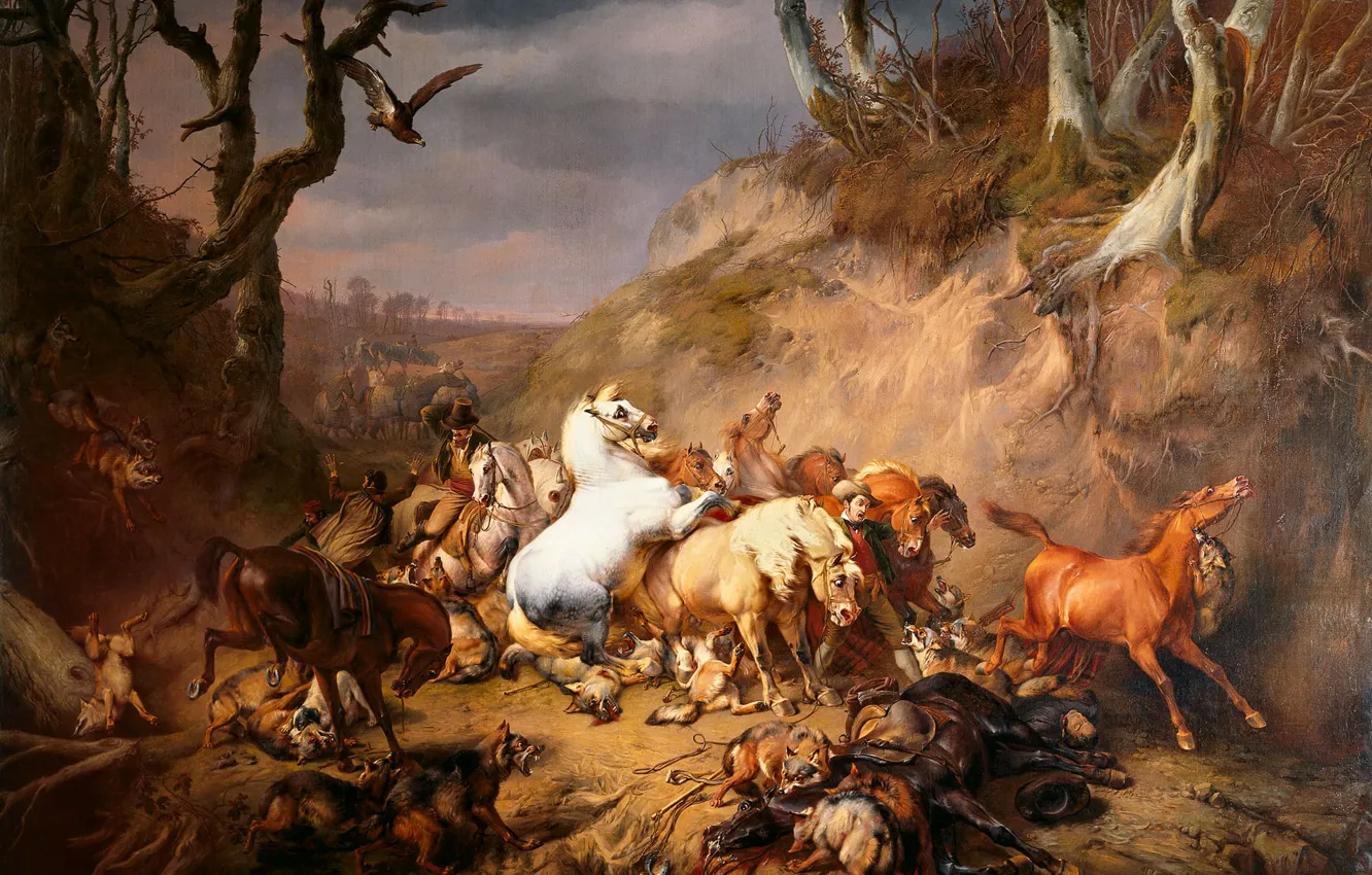 Photo wallpaper oil, picture, canvas, 1836, The attack of Hungry wolves on the Group of Riders, Eugene …