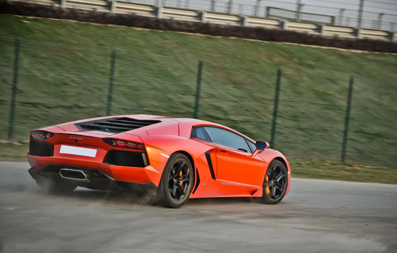 Photo wallpaper road, orange, speed, the fence, lamborghini, orange, back, aventador