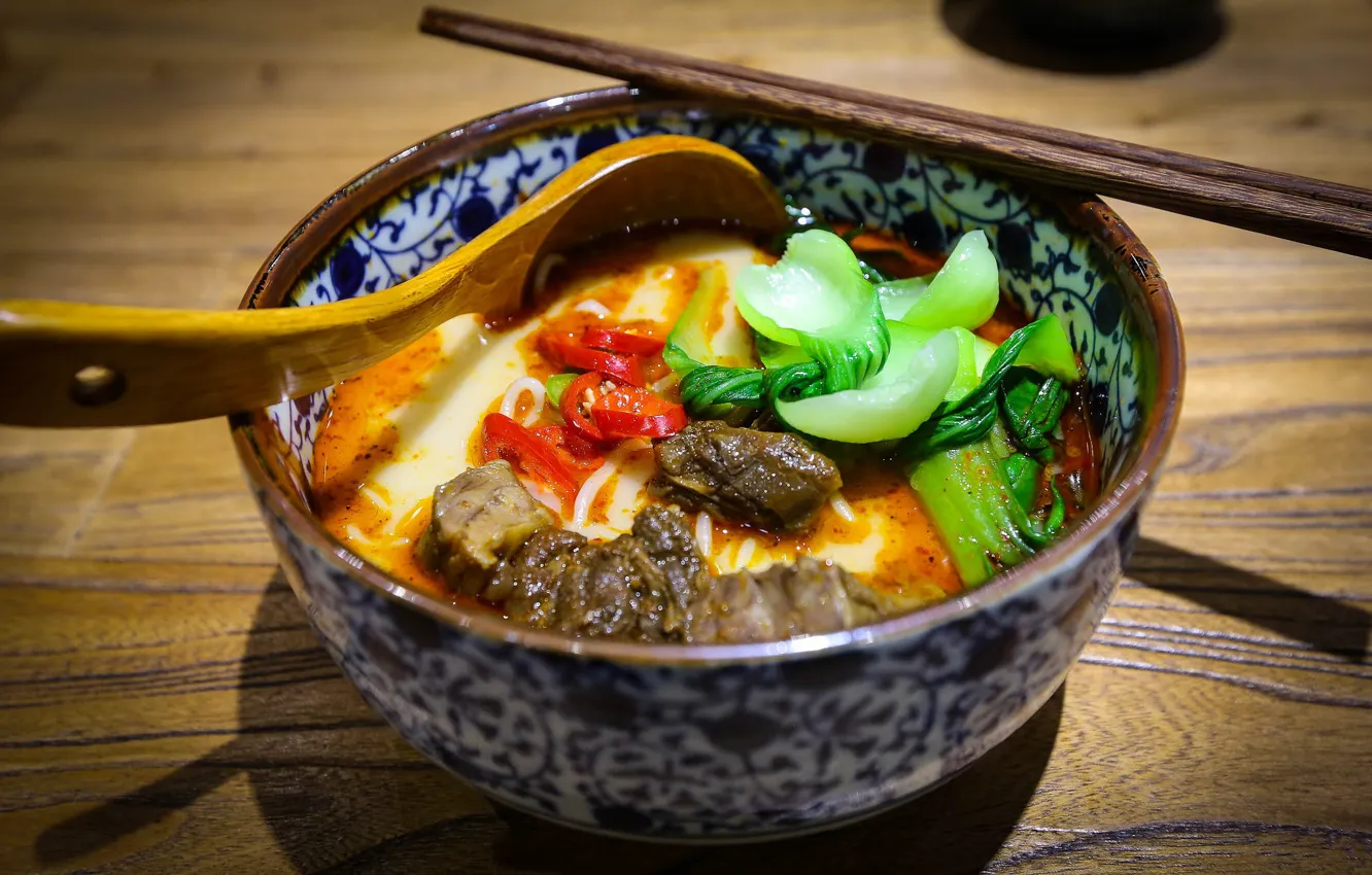 Photo wallpaper spoon, meat, pepper, bowl, vegetables, Japanese cuisine