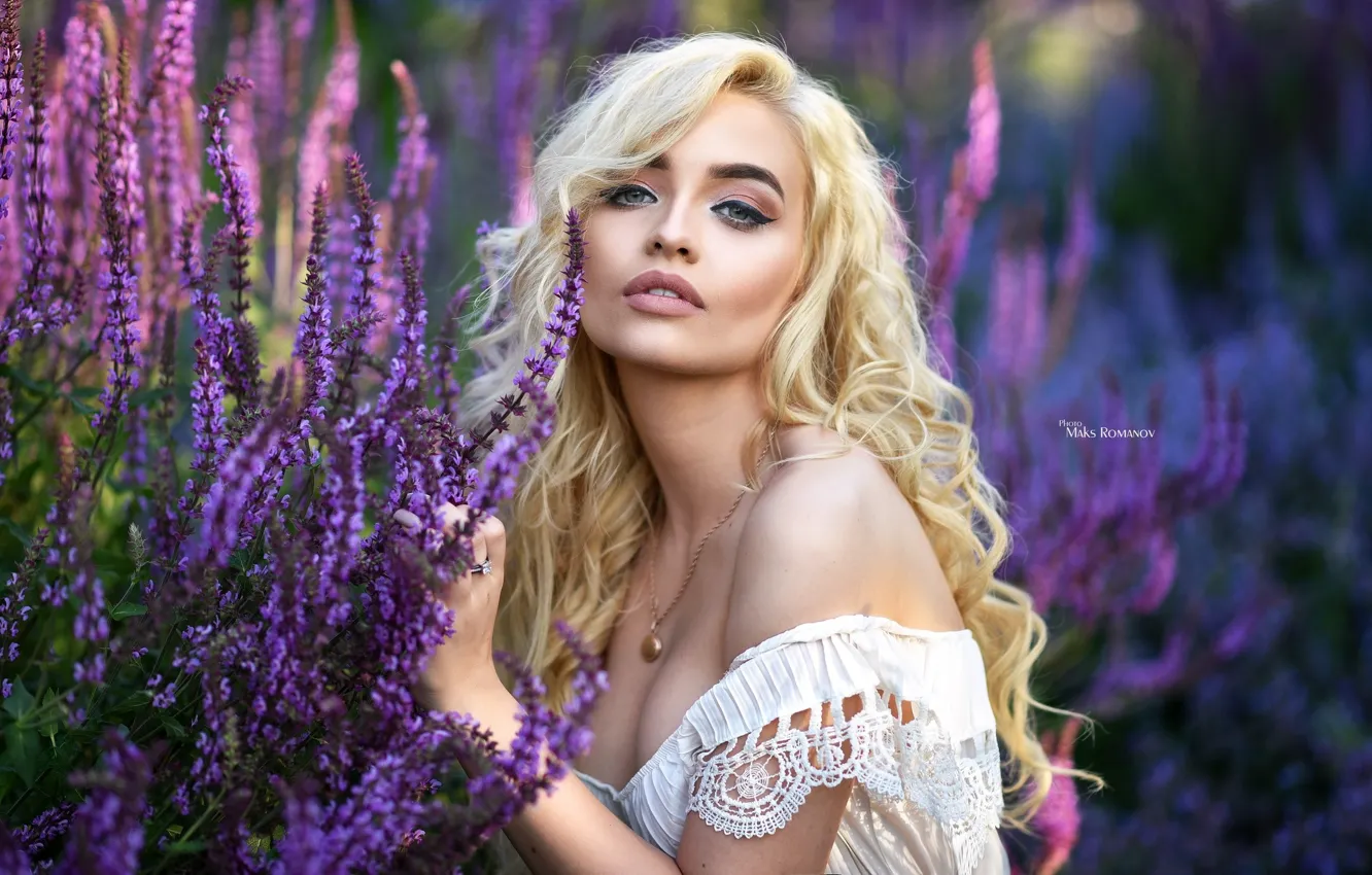 Photo wallpaper grass, look, flowers, model, portrait, makeup, dress, blonde
