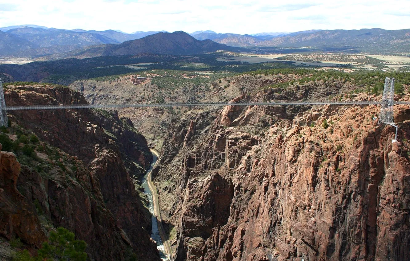Photo wallpaper the sky, mountains, bridge, river, canyon, gorge