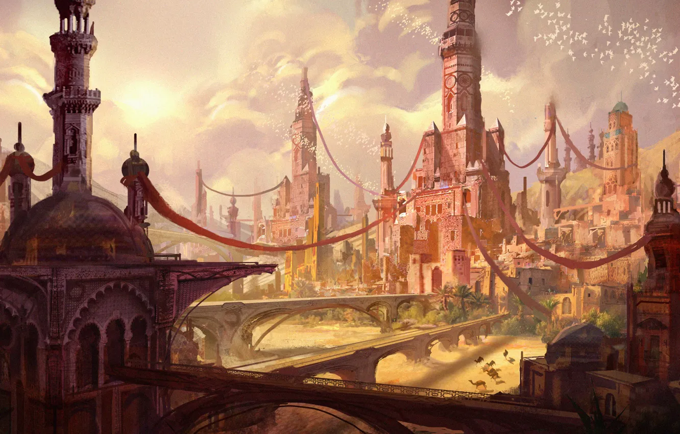 Photo wallpaper the sky, landscape, bridge, the city, bird, tower, art, oasis empire