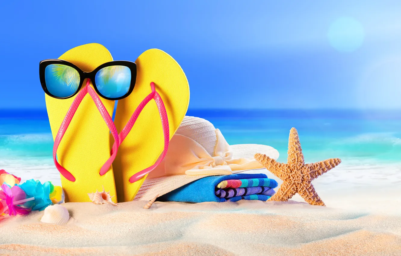 Photo wallpaper sand, sea, beach, summer, star, vacation, hat, glasses