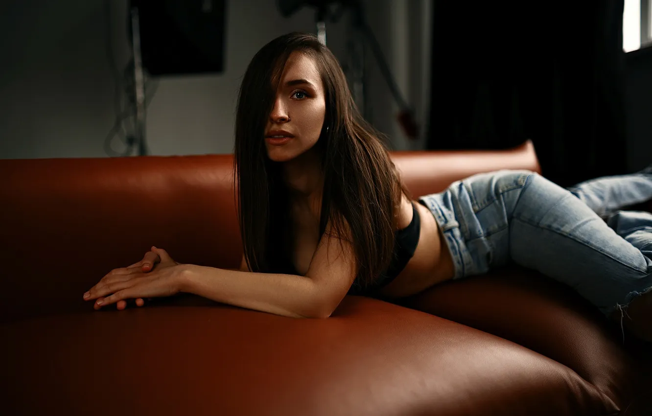 Photo wallpaper look, girl, pose, sofa, jeans, hands, long hair, March
