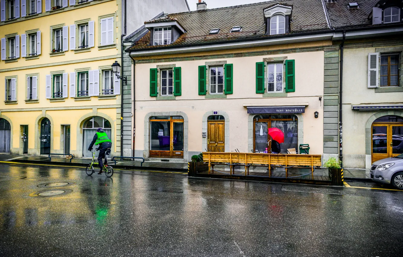 Photo wallpaper rain, street, building, home, Switzerland, rain, Switzerland, street