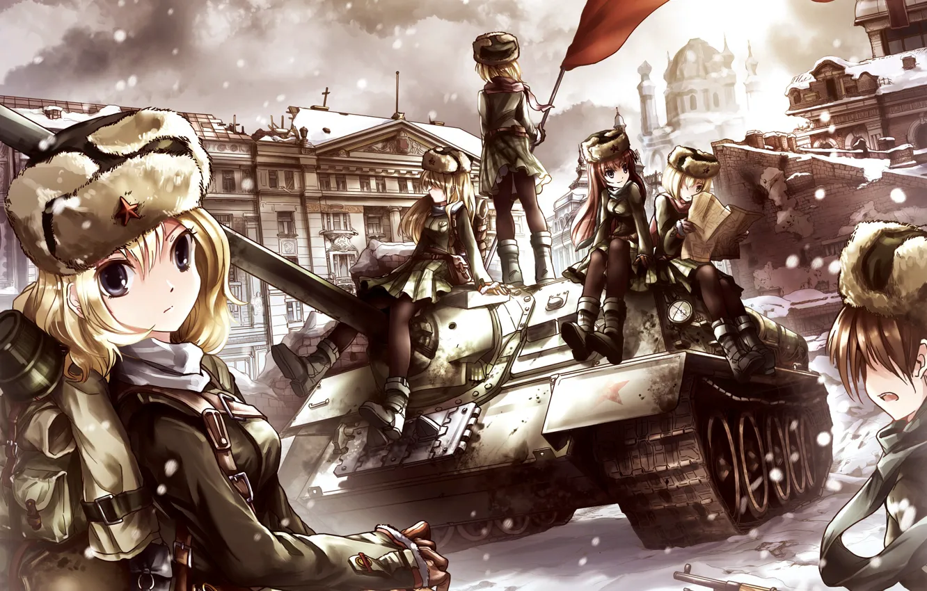 Photo wallpaper winter, snow, weapons, girls, star, flag, ruins, the hammer and sickle