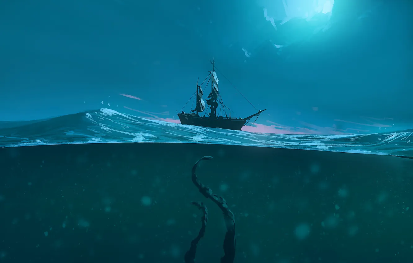 Photo wallpaper sea, night, fiction, the ocean, ship, monster, fantasy, Cthulhu