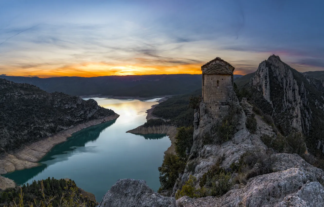 Photo wallpaper mountains, castle, rocks, pond