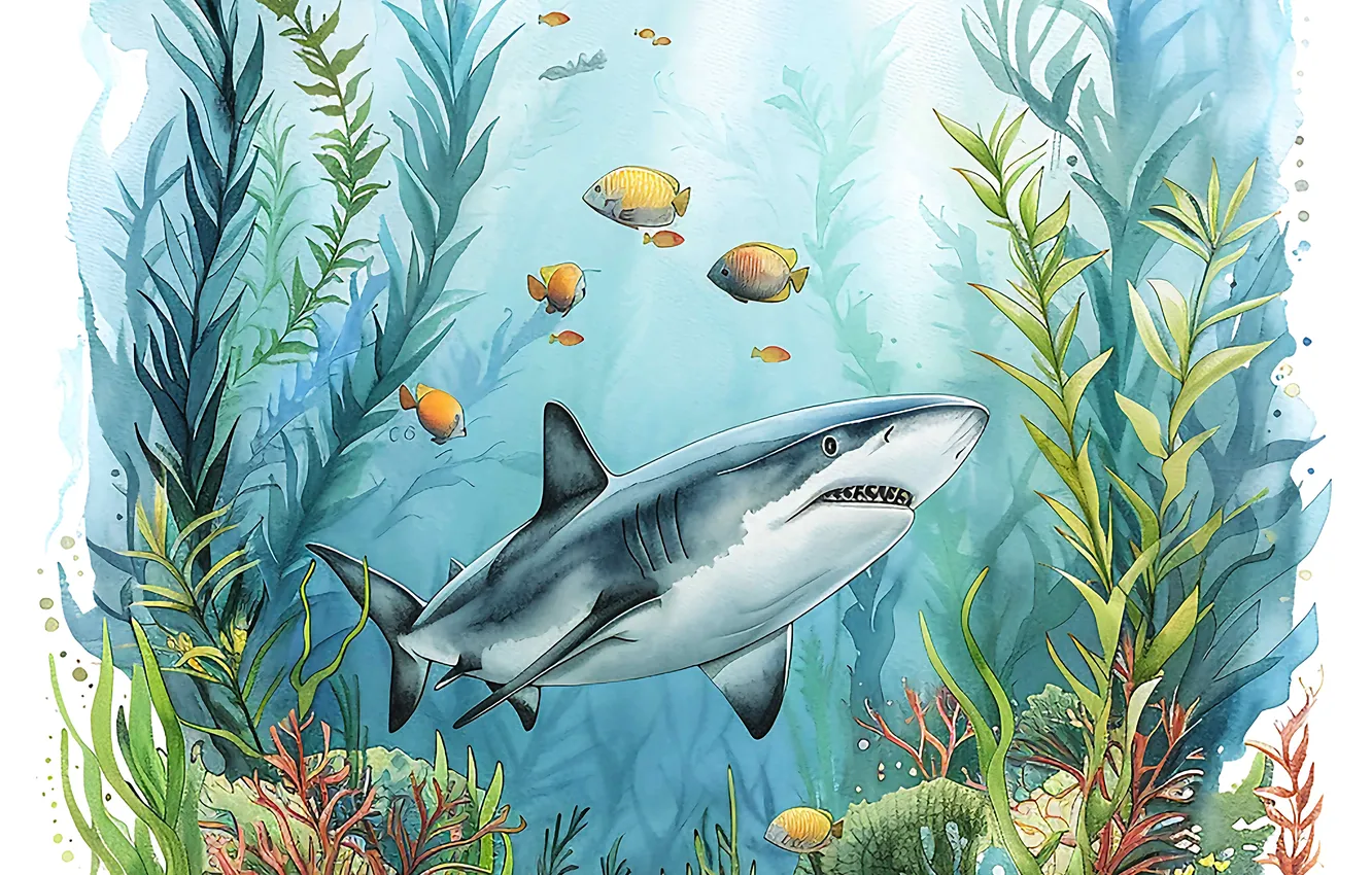 Photo wallpaper algae, fish, predator, shark, underwater world, digital art, imitation painting, AI art