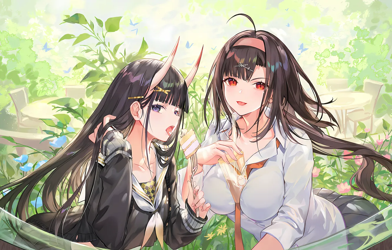 Photo wallpaper sexy, school uniform, horns, long hair, girls, brown hair, boobs, anime