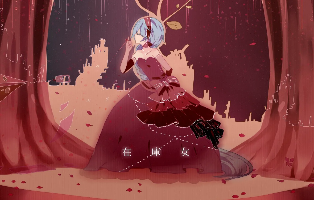 Photo wallpaper scene, petals, characters, the scenery, curtain, hatsune miku, art, crinoline