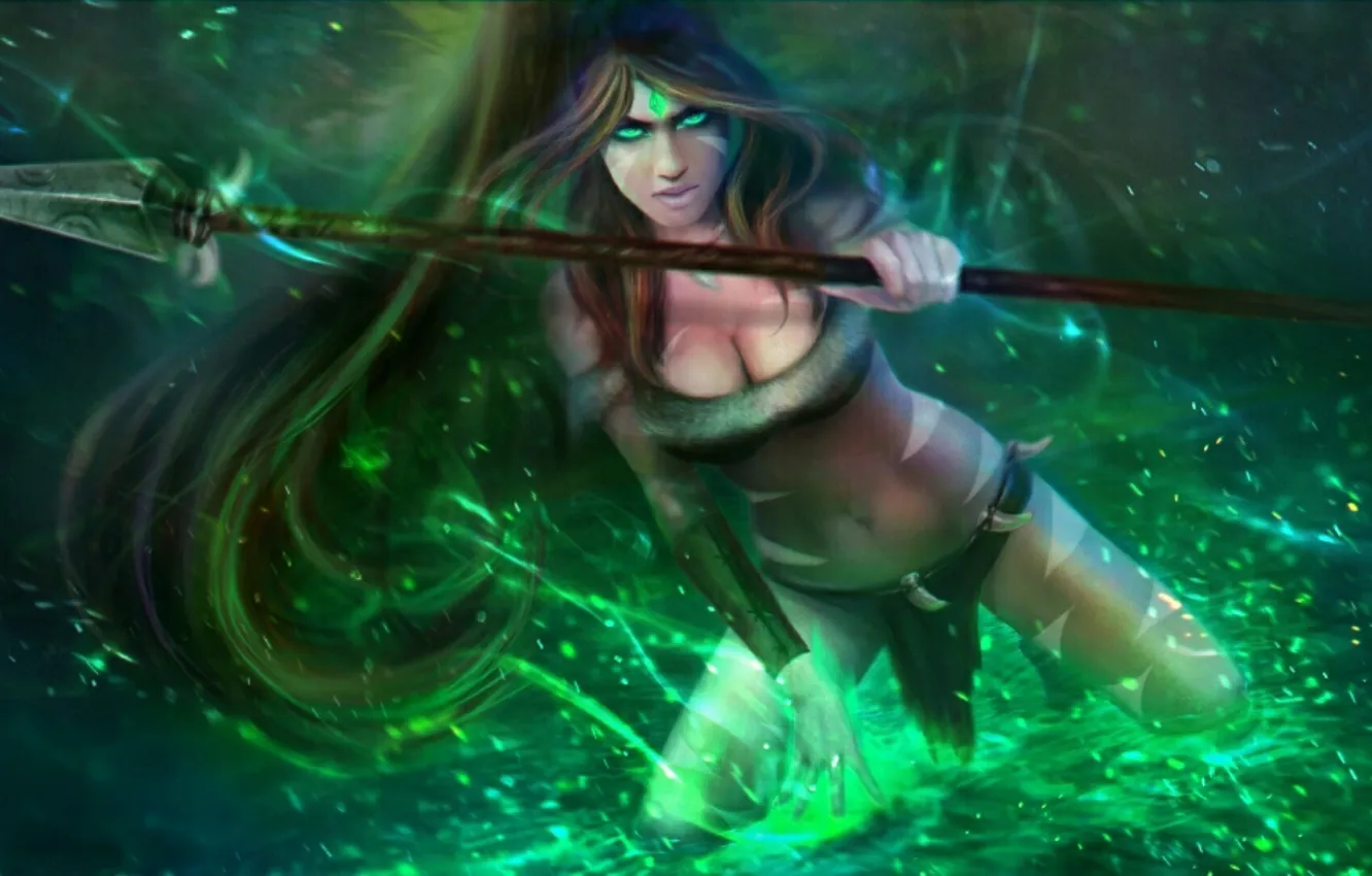 Photo wallpaper girl, magic, spear, League of Legends, nidalee