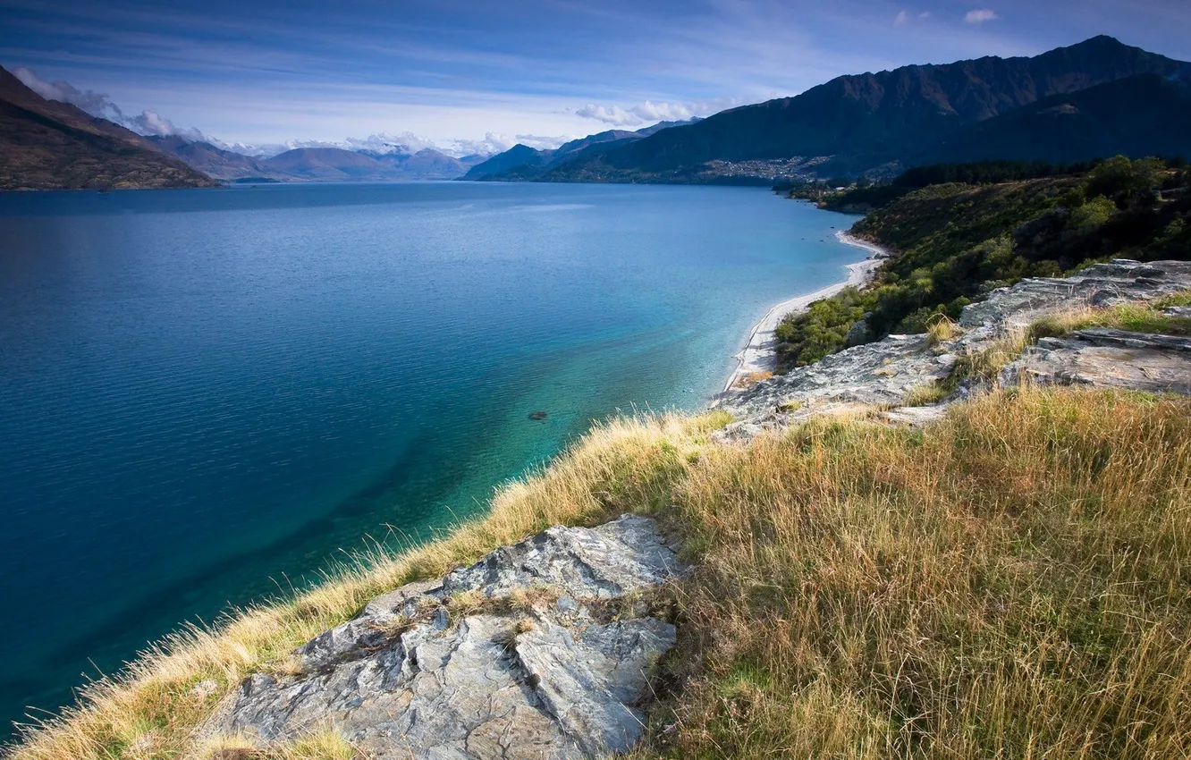 Photo wallpaper sea, beach, the sky, grass, water, trees, landscape, mountains