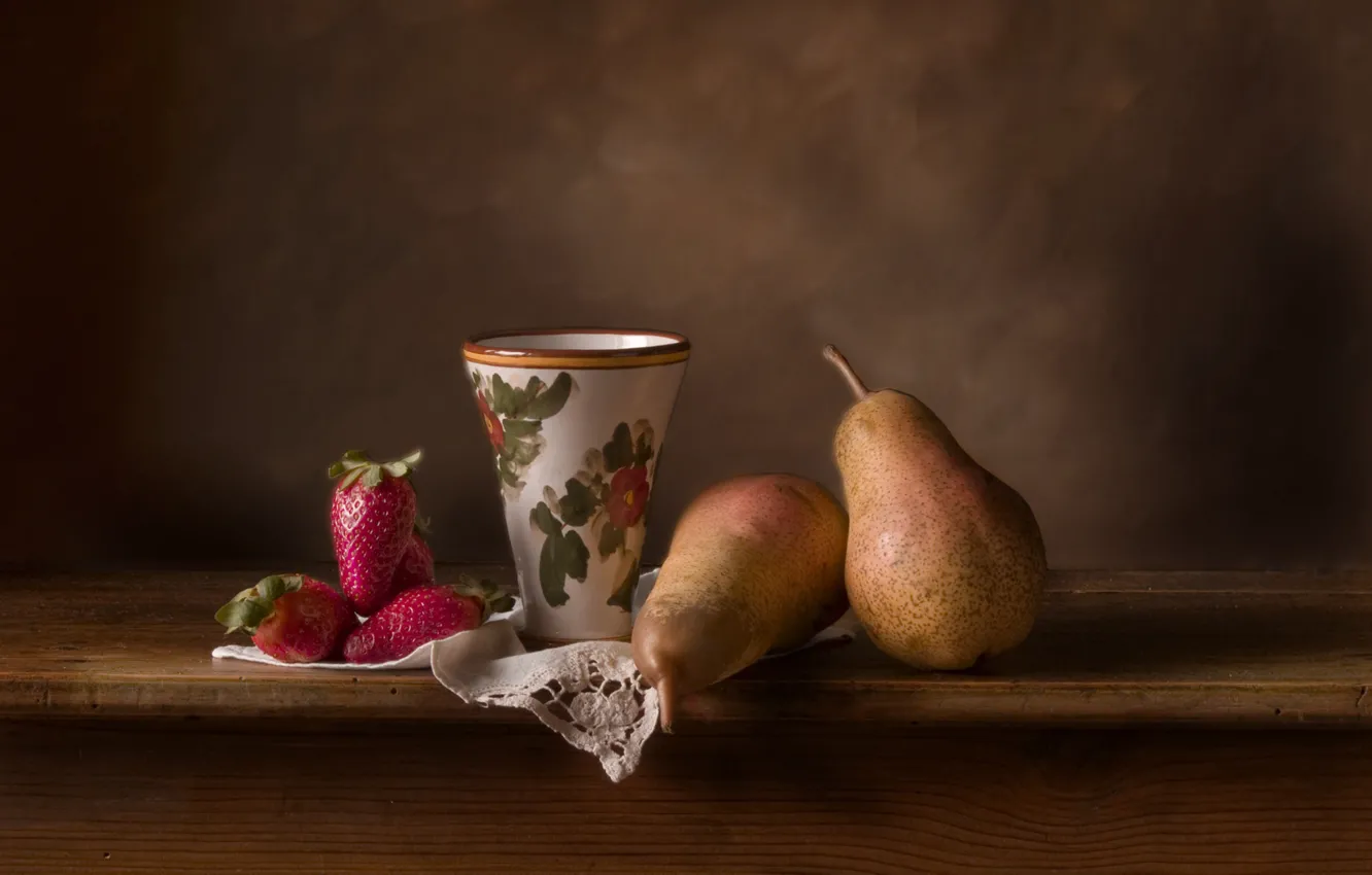 Photo wallpaper strawberry, Cup, still life, pear