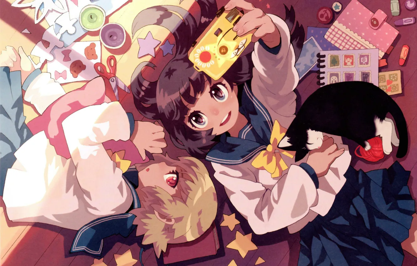 Photo wallpaper cat, tangle, two, the camera, album, lies, schoolgirl, stars