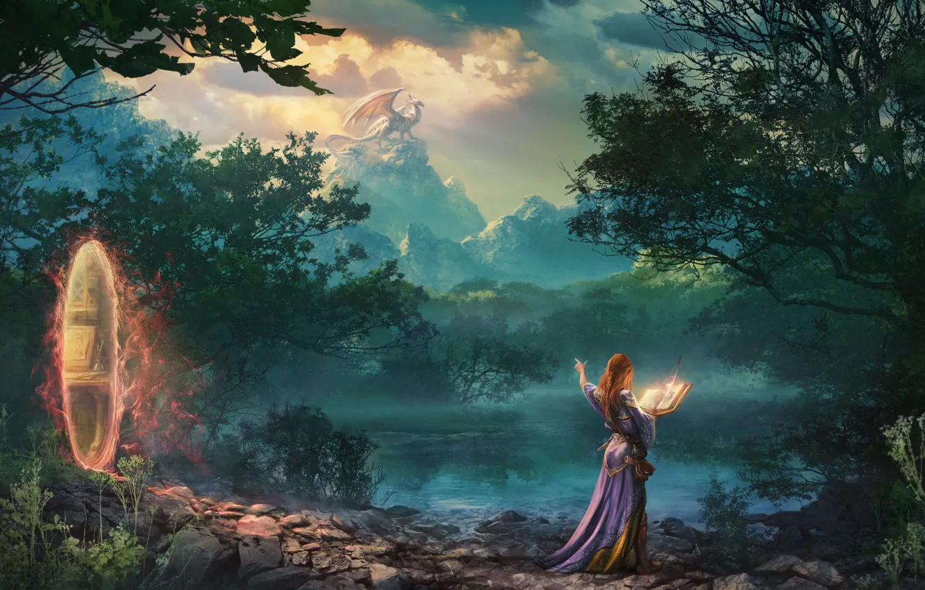 Photo wallpaper forest, girl, trees, nature, the portal, fantasy, art, MAG