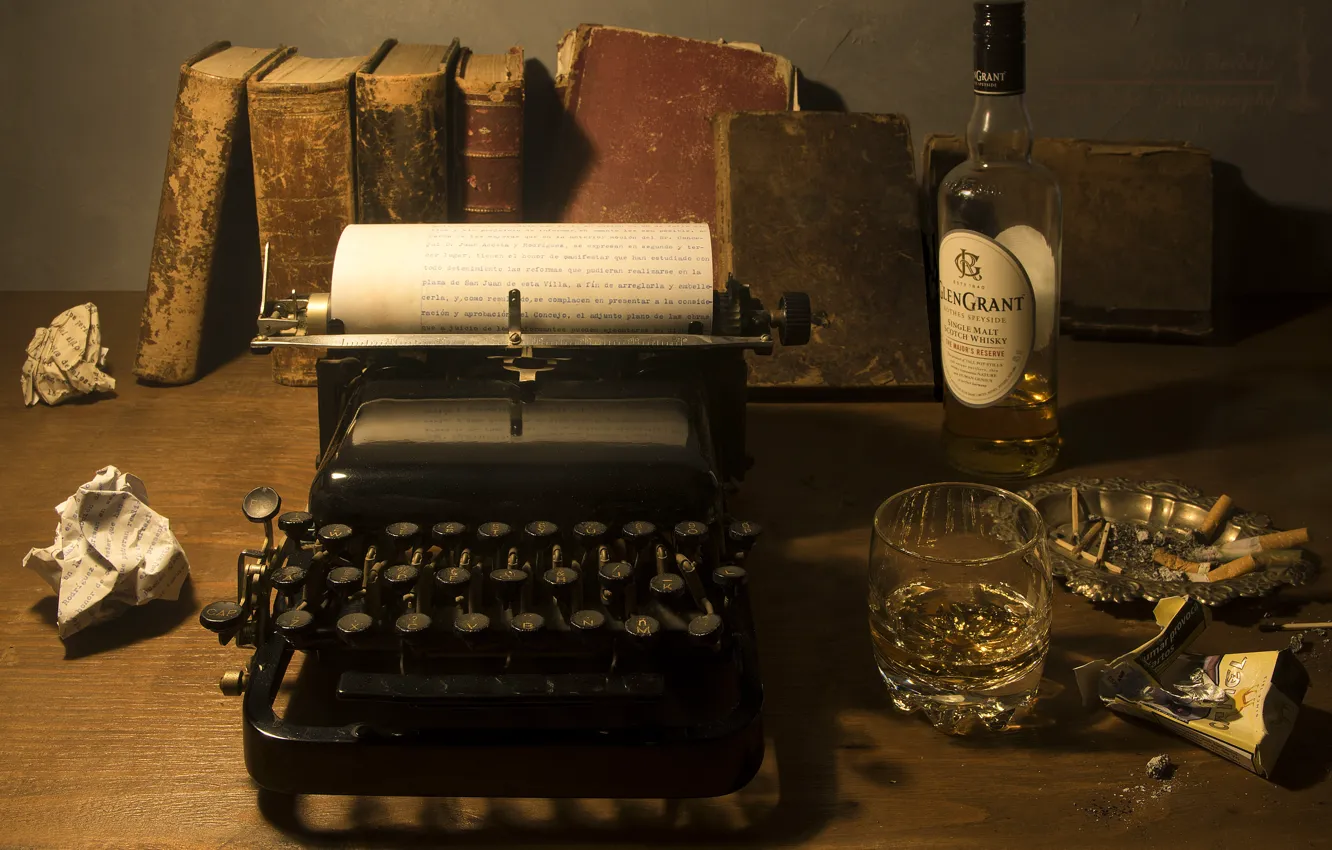 Photo wallpaper bottle, alcohol, book, typewriter, still life, butts