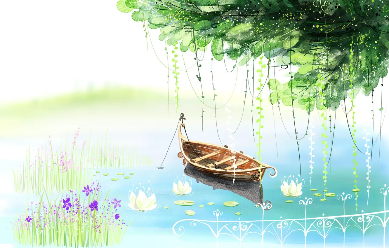 Photo wallpaper flowers, lake, tree, boat, figure, the fence, water lilies