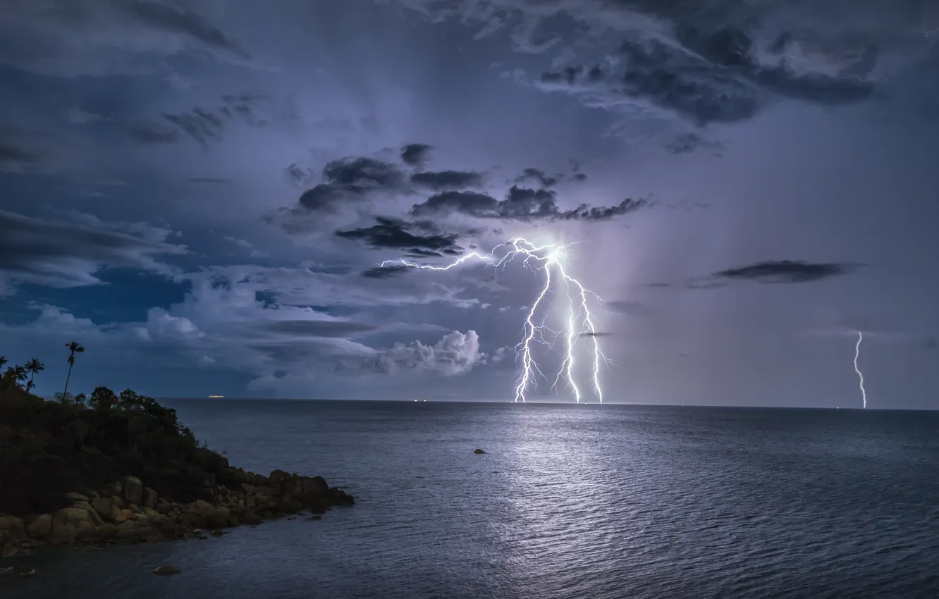 Photo wallpaper storm, tropics, the ocean, lightning, Thailand, Thailand, Pacific Ocean, The Pacific ocean