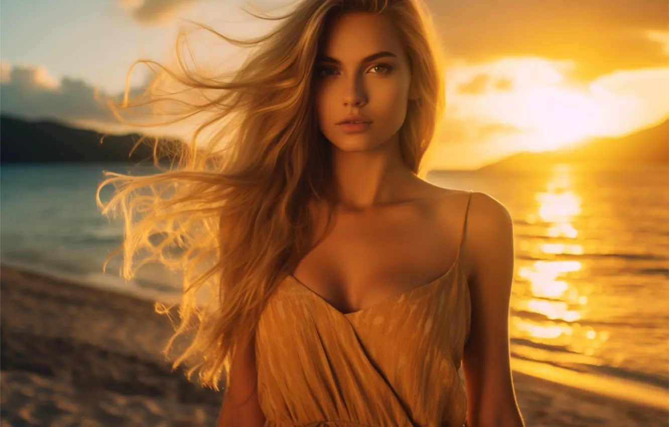 Photo wallpaper look, girl, the sun, sunset, face, portrait, digital art, AI art