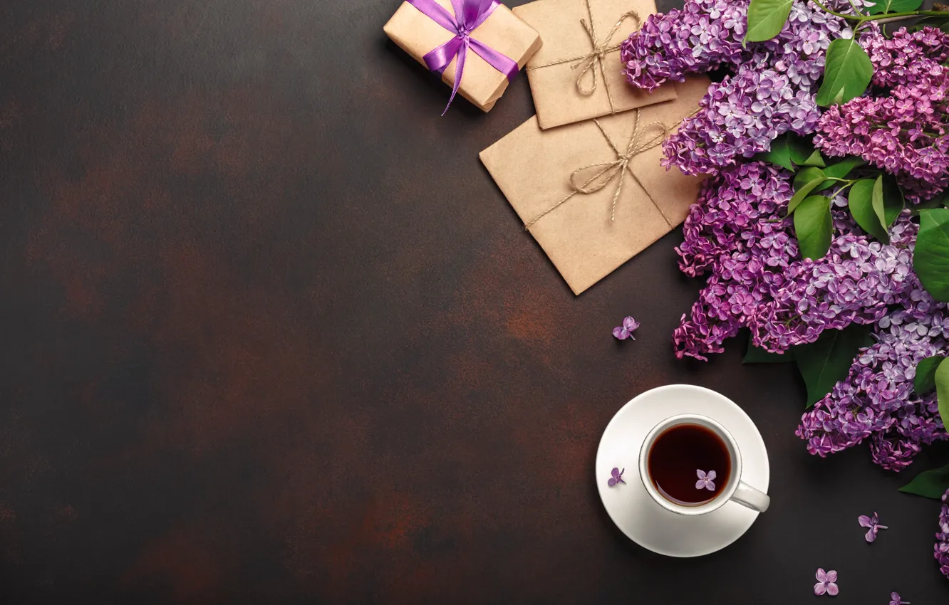 Photo wallpaper flowers, gift, wood, flowers, lilac, coffee cup, lilac, frame