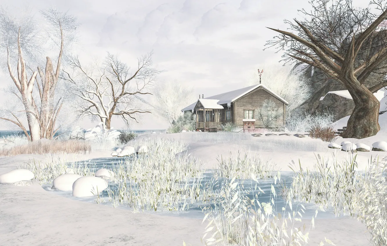Photo wallpaper winter, snow, trees, landscape, house