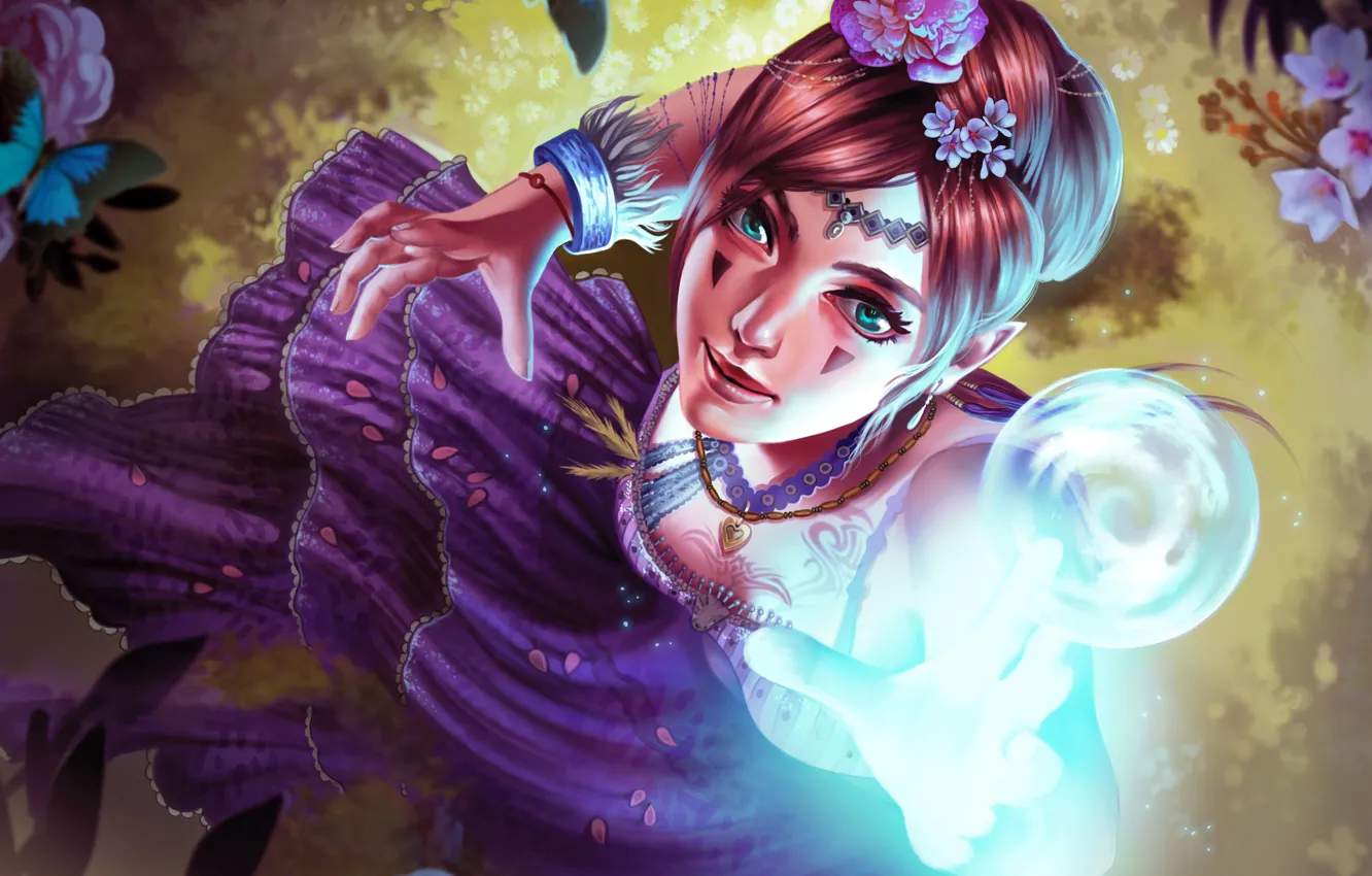 Photo wallpaper look, girl, flowers, balls, magic, dress, art