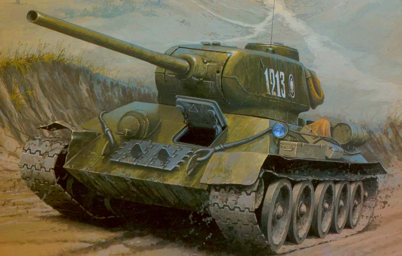 Photo wallpaper road, figure, art, tank, average, T-34-85, The great Patriotic war
