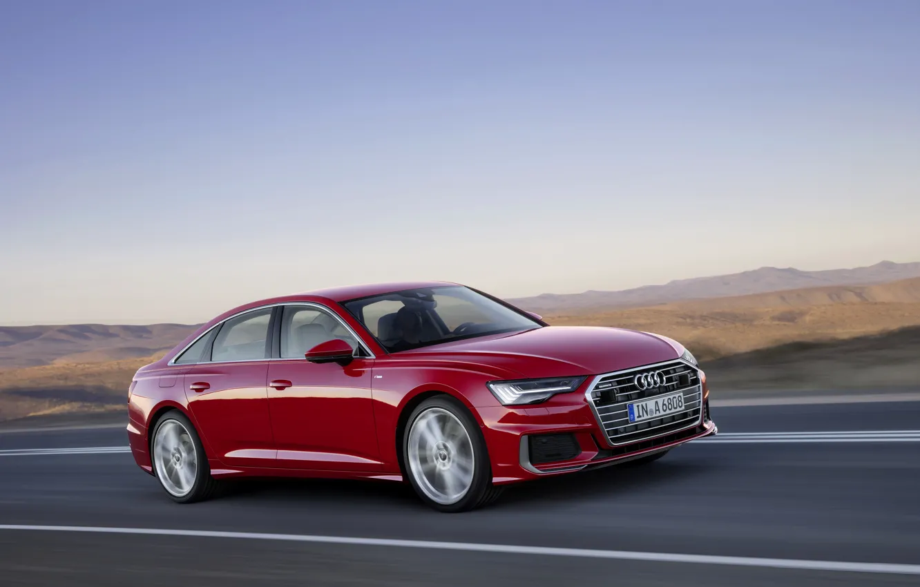 Photo wallpaper red, Audi, hills, sedan, 2018, four-door, A6 Sedan