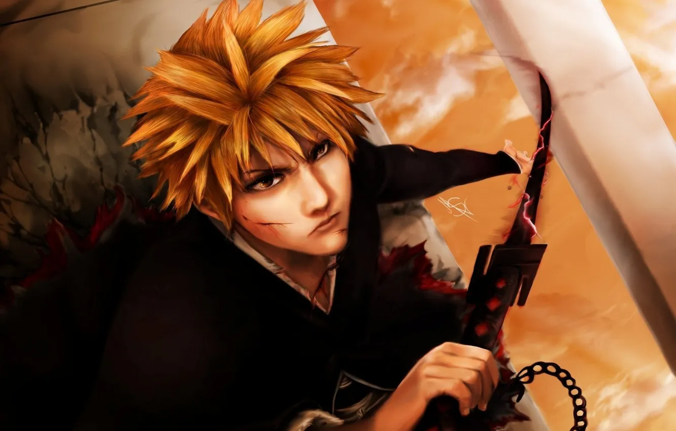 Photo wallpaper sword, art, chain, guy, Bleach, Ichigo Kurosaki, wounds