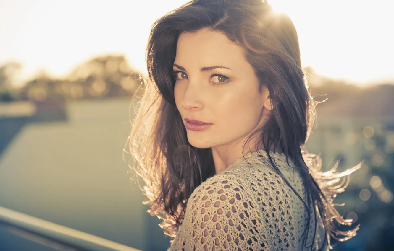 Photo wallpaper look, girl, sunset, face, background, mood, cute, sideways