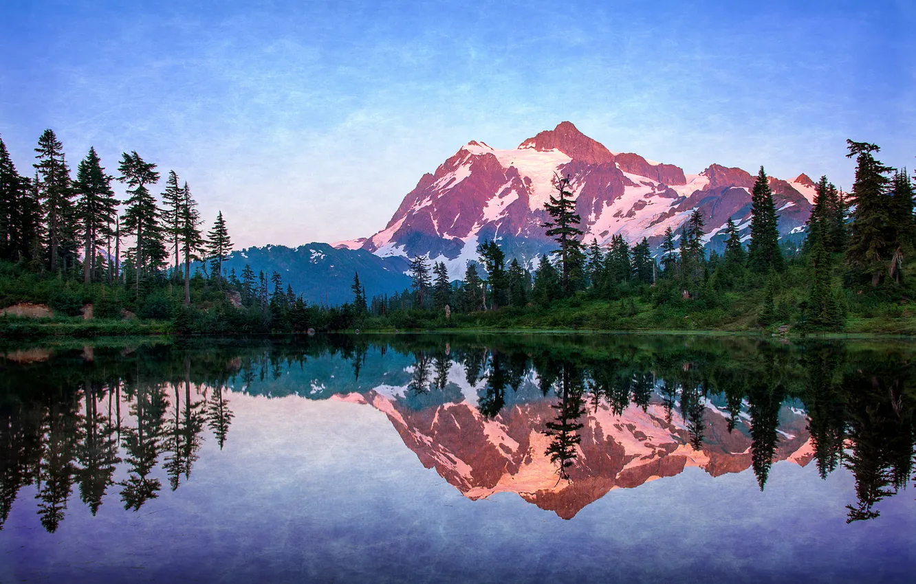 Photo wallpaper trees, mountains, lake, surface, reflection, stones